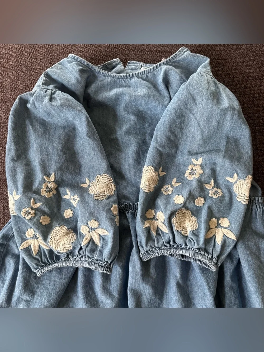 Bundle Set 2PC Dress Floral Puff-Sleeve Cream Blue Denim Embroidered Girls 10-12